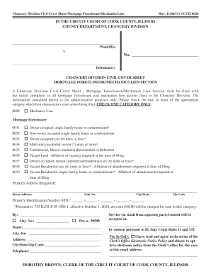 Chancery Division Civil Cover Sheet - Mortgage Foreclosure/Mechanics Lien
