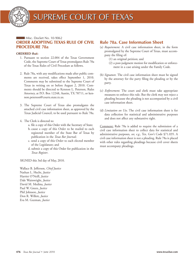 Fillable Online Order Adopting Texas Rule of Civil Procedure 78a