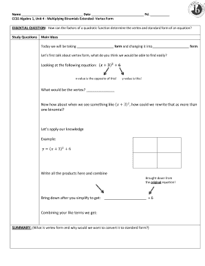 Algebra 1 Vertex Form Worksheet