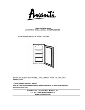 Avanti Freezer Instruction Manual