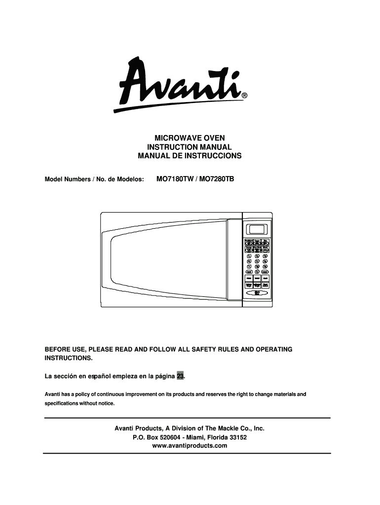 Fillable Online MICROWAVE OVEN INSTRUCTION MANUAL Avanti Products