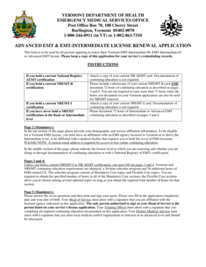 Vermont Advanced EMT License Renewal Application