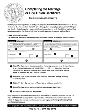 Vermont Marriage or Civil Union Certificate