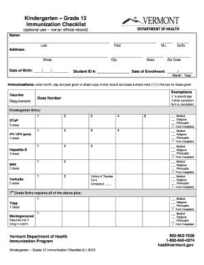 Vermont Kindergarten to Grade 12 Immunization Checklist