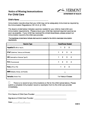 Notice of Missing Immunizations for Child Care