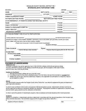 Douglas County School District Interscholastic Participant Form