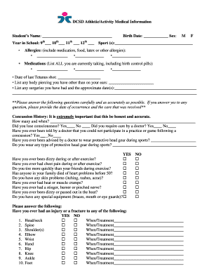 DCSD Athletic Activity Medical Information Form