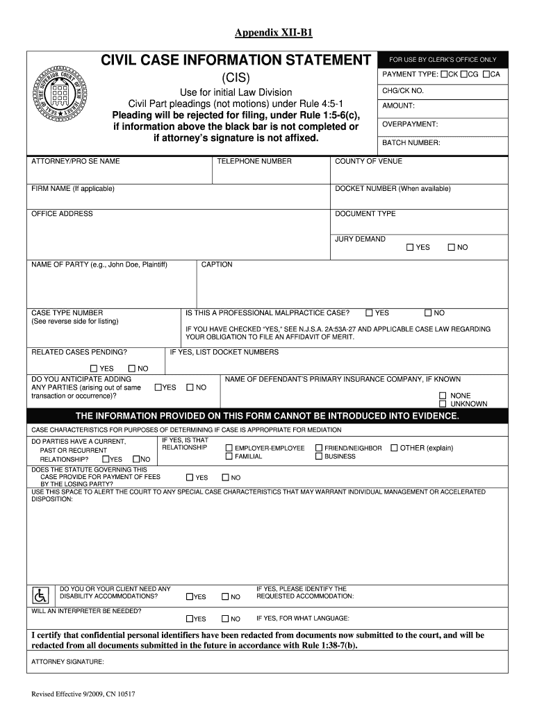 Fillable Online CIVIL CASE INFORMATION STATEMENT CIS Case Information