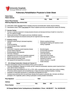 Pulmonary Rehabilitation Physician’s Order Sheet