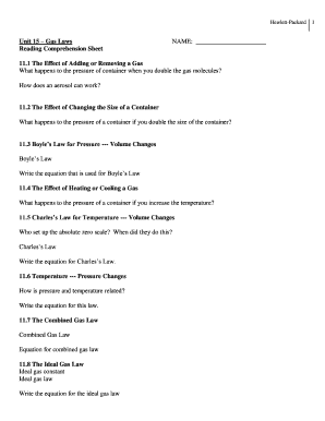 Gas Laws Reading Comprehension Sheet