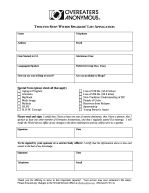 Overeaters Anonymous Speaker Application Form