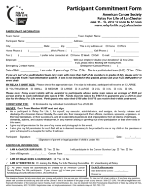 American Cancer Society Relay For Life Participant Commitment Form