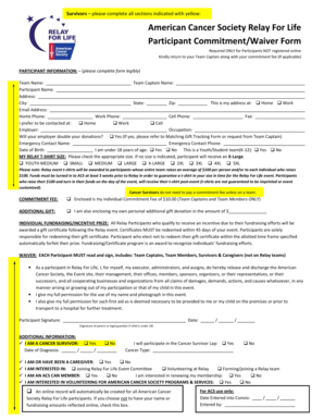 American Cancer Society Relay For Life Participant Commitment/Waiver Form