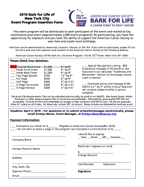 Bark for Life Event Program Insertion Form
