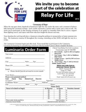 Relay For Life Luminaria Order Form