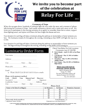 Relay For Life Luminaria Order Form