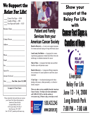 American Cancer Society Relay For Life Sponsorship Form