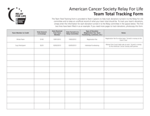 American Cancer Society Relay For Life Team Total Tracking Form