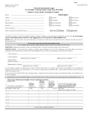 Varsity Team Sport Eligibility Form