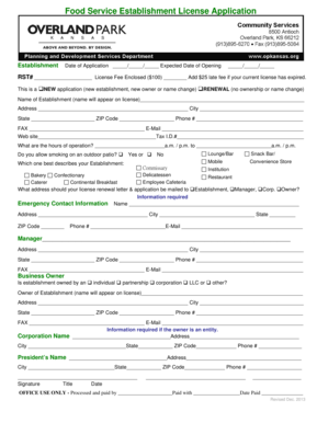 Food Service Establishment License Application