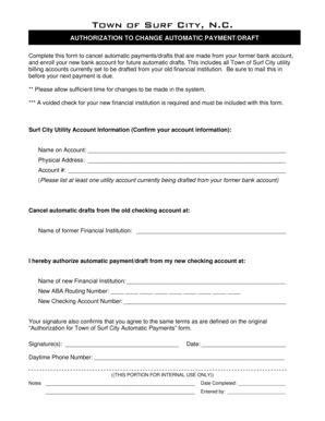 Authorization to Change Automatic Payment/Draft