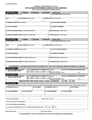 Vermont Civil Marriage License Application