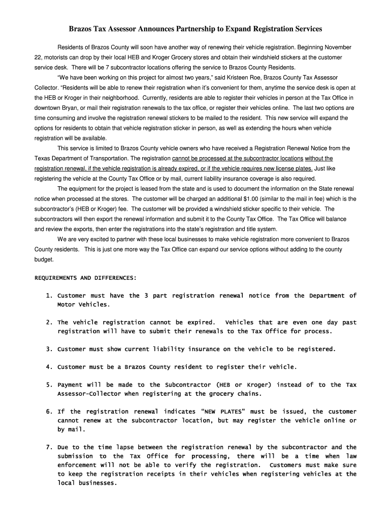 Fillable Online Brazos Tax Assessor Announces Partnership to Expand Registration Services Fax