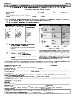 Minnesota Sports Qualifying Physical Examination Clearance Form