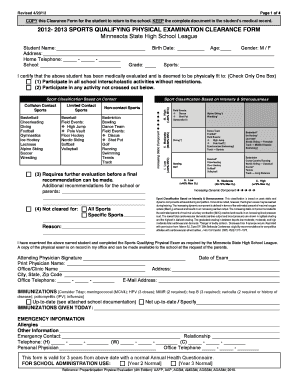 Minnesota Sports Qualifying Physical Examination Clearance Form