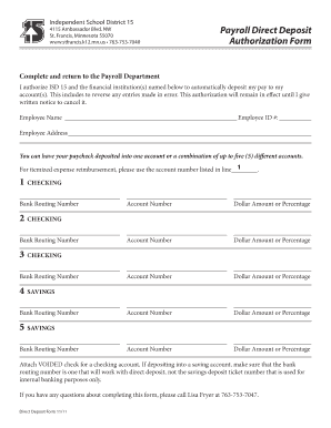 Payroll Direct Deposit Authorization Form