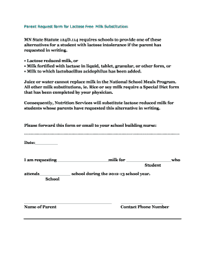 Parent Request Form for Lactose Free Milk Substitution