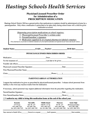 Hastings Schools Health Services Medication Order Form