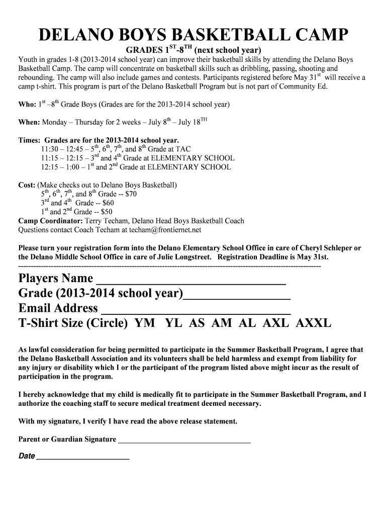 Fillable Online delano k12 mn MILACA BOYS BASKETBALL CAMP Delano