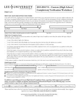 2013-2014 High School Completion Verification Worksheet