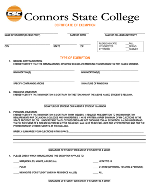 Certificate of Exemption for Immunizations