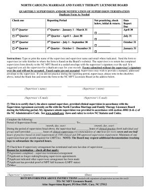 North Carolina Supervision Report for Marriage and Family Therapists