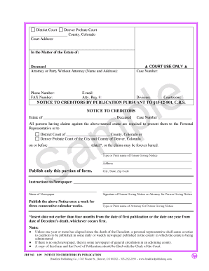 Hockey scoresheet example - Notice to Creditors by Publication Pursuant to 15-12-801, C.R.S.. Colorado Probate, Estate