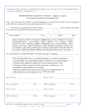 Colorado Homeowner Warning Notice Right to Cancel