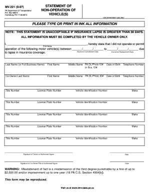 Pennsylvania Non-Operation Vehicle Statement