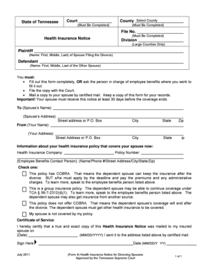 Tennessee Health Insurance Notice for Divorcing Spouses