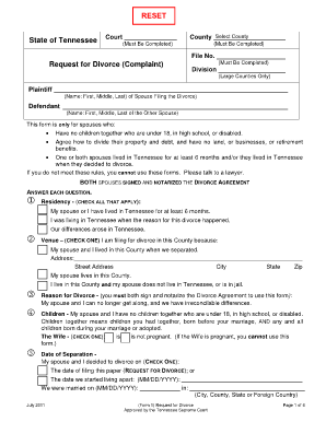Tennessee Divorce Complaint Form