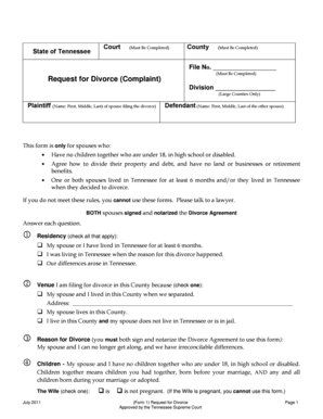 Tennessee Divorce Complaint Form
