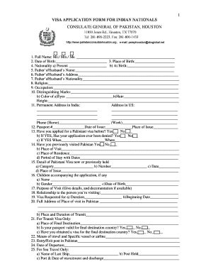 Visa Application Form for Indian Nationals