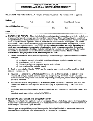 2013-2014 Appeal for Financial Aid as an Independent Student