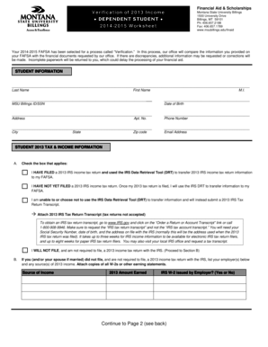 Montana State University Billings 2014-2015 Financial Aid Verification Form