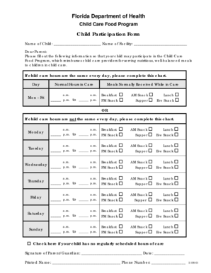 Florida Child Care Food Program Participation Form