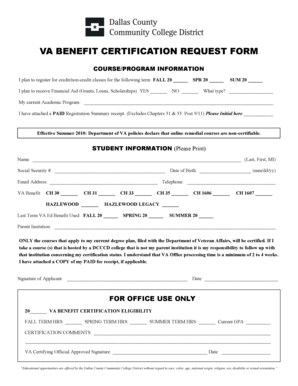 VA Benefit Certification Request Form