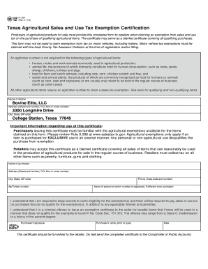 Texas Agricultural Sales and Use Tax Exemption Certification