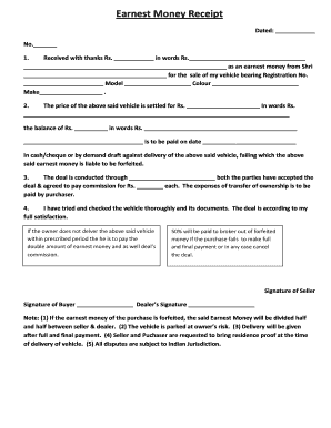 Earnest Money Receipt for Vehicle Sale