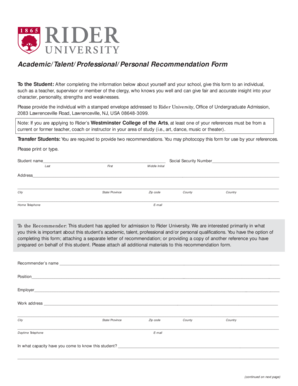 Rider University Recommendation Form